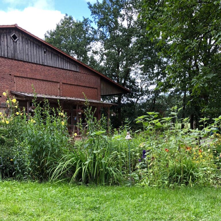 Scheune und Blumenbeet